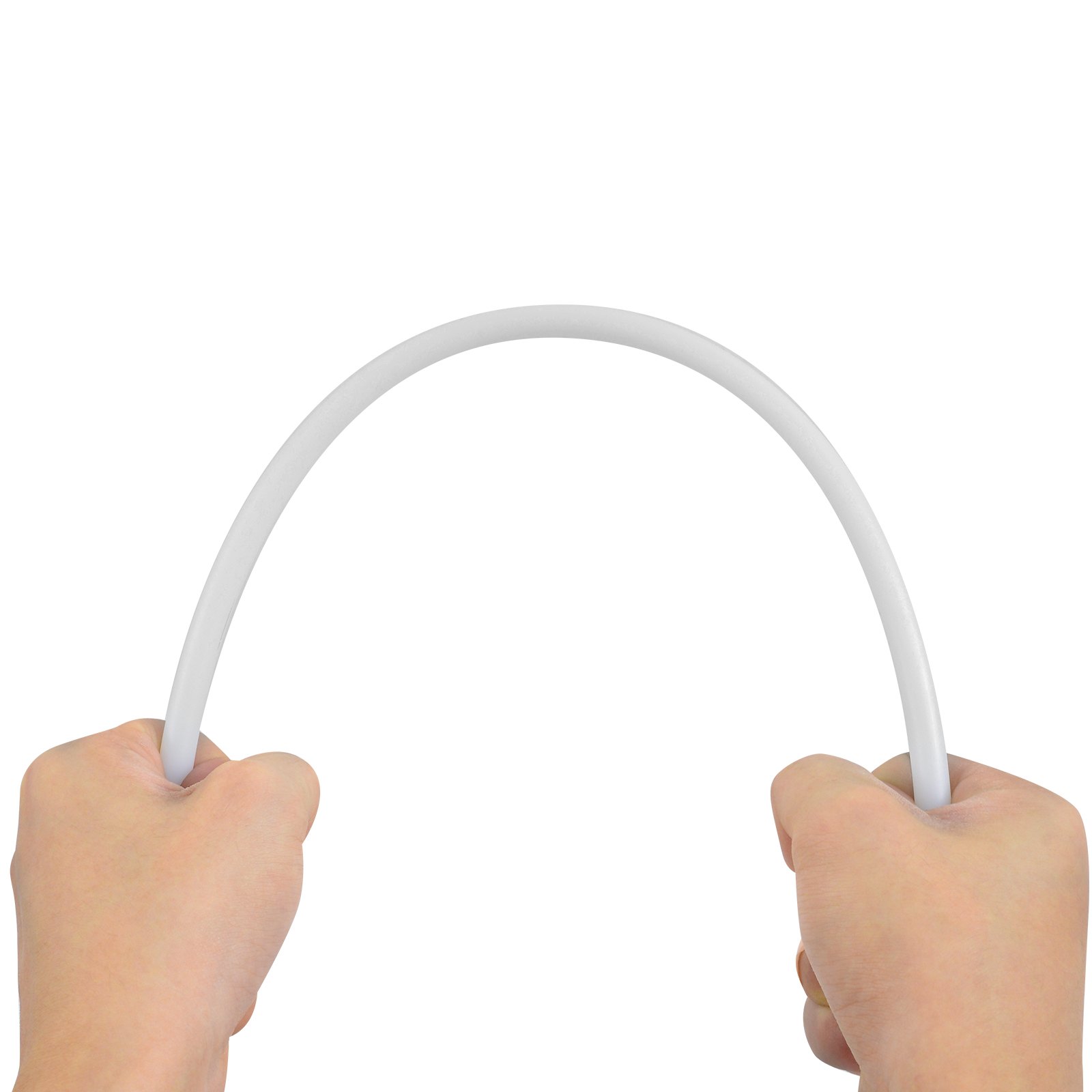 hands holding flexible rod from VEVOR dryer vent cleaner kit against a white background.