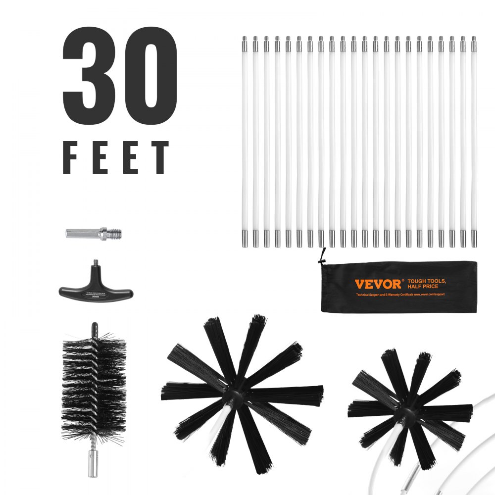 VEVOR dryer vent cleaner kit with 30 feet rods, cleaning brushes, and storage bag.