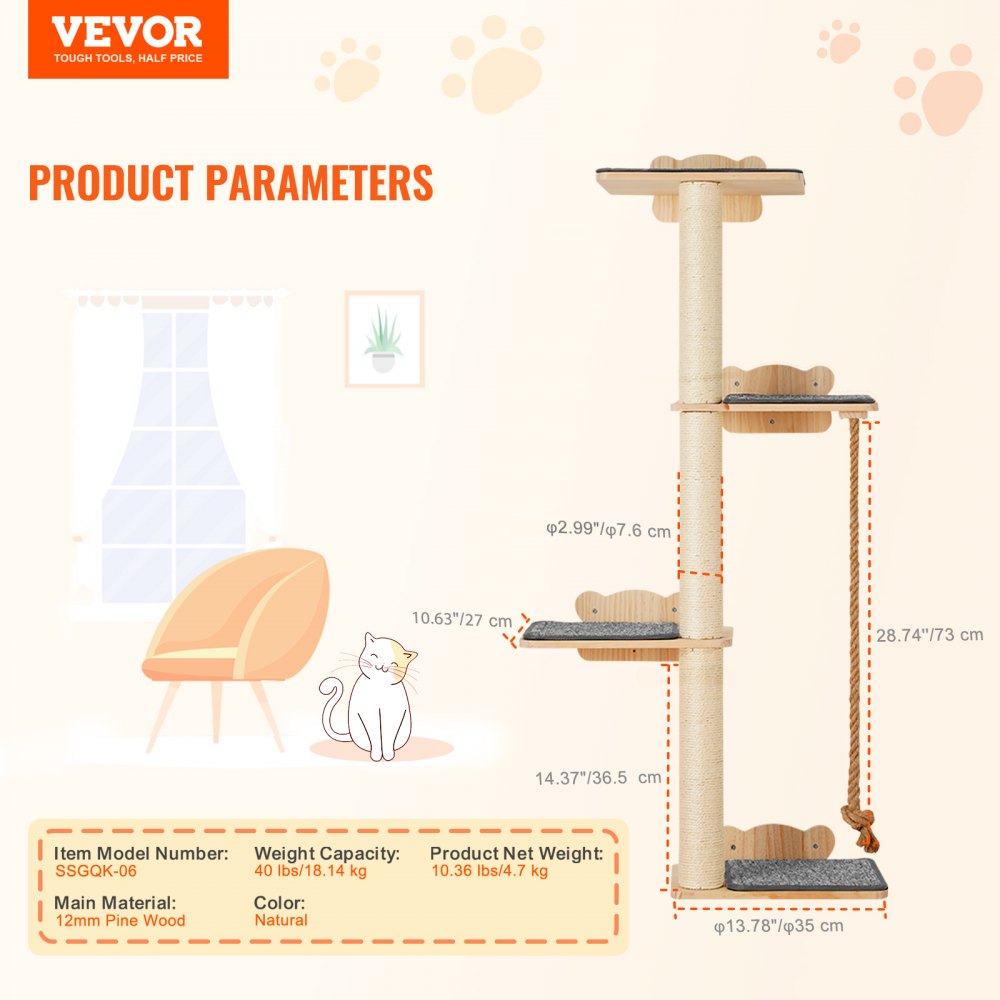 VEVOR 4 Tiers Tall Cat Tree, Cat Wall Furniture Set with 4 Jumping Boards, Wall-Mounted Cat Floating Shelf up to 40 lbs, 12 mm Pine Wood Cat Perch for Sleeping, Playing, and Climbing