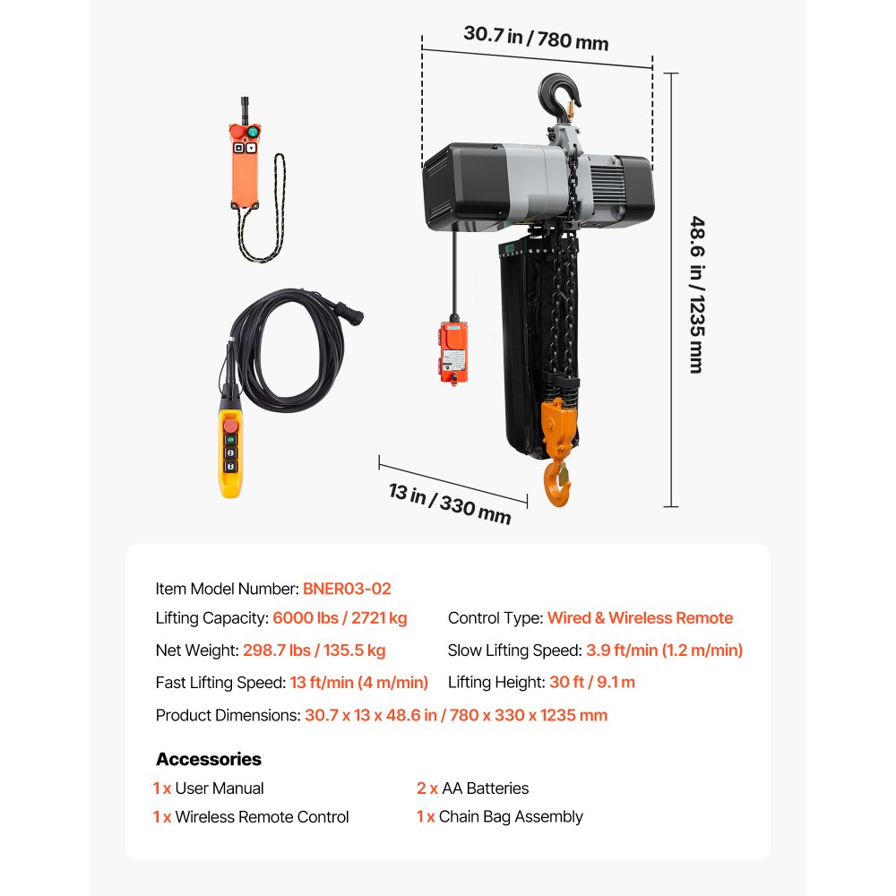 VEVOR 6000 lbs Electric Chain Hoist 30 ft Lift Three-Phase Overhead Crane, Double G100 Chain with 328 ft Wireless & 27 ft Wired Remote Control, 208-240V/440-480V, for Factories, Warehouses, Garages