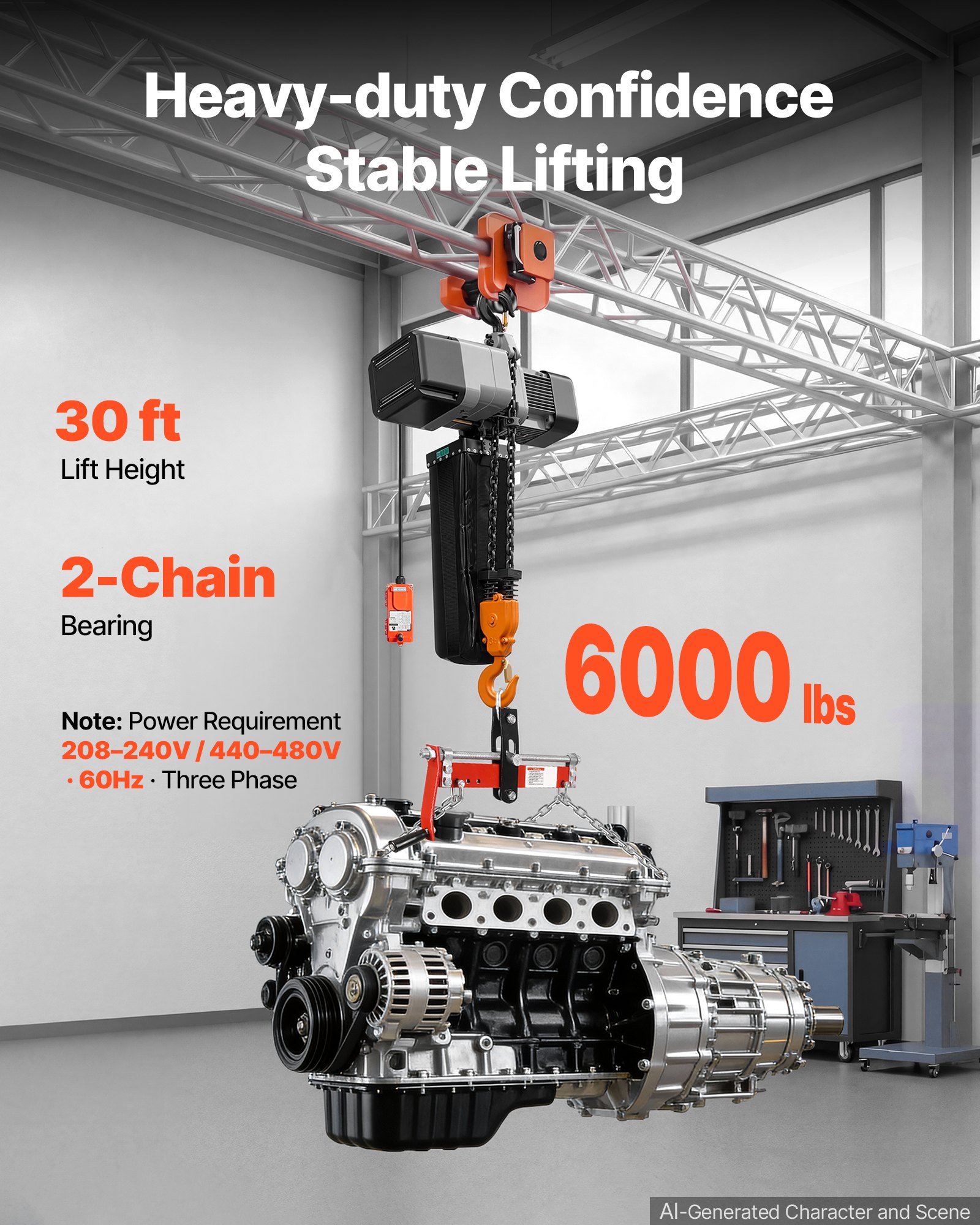 VEVOR 6000 lbs Electric Chain Hoist 30 ft Lift Three-Phase Overhead Crane, Double G100 Chain with 328 ft Wireless & 27 ft Wired Remote Control, 208-240V/440-480V, for Factories, Warehouses, Garages