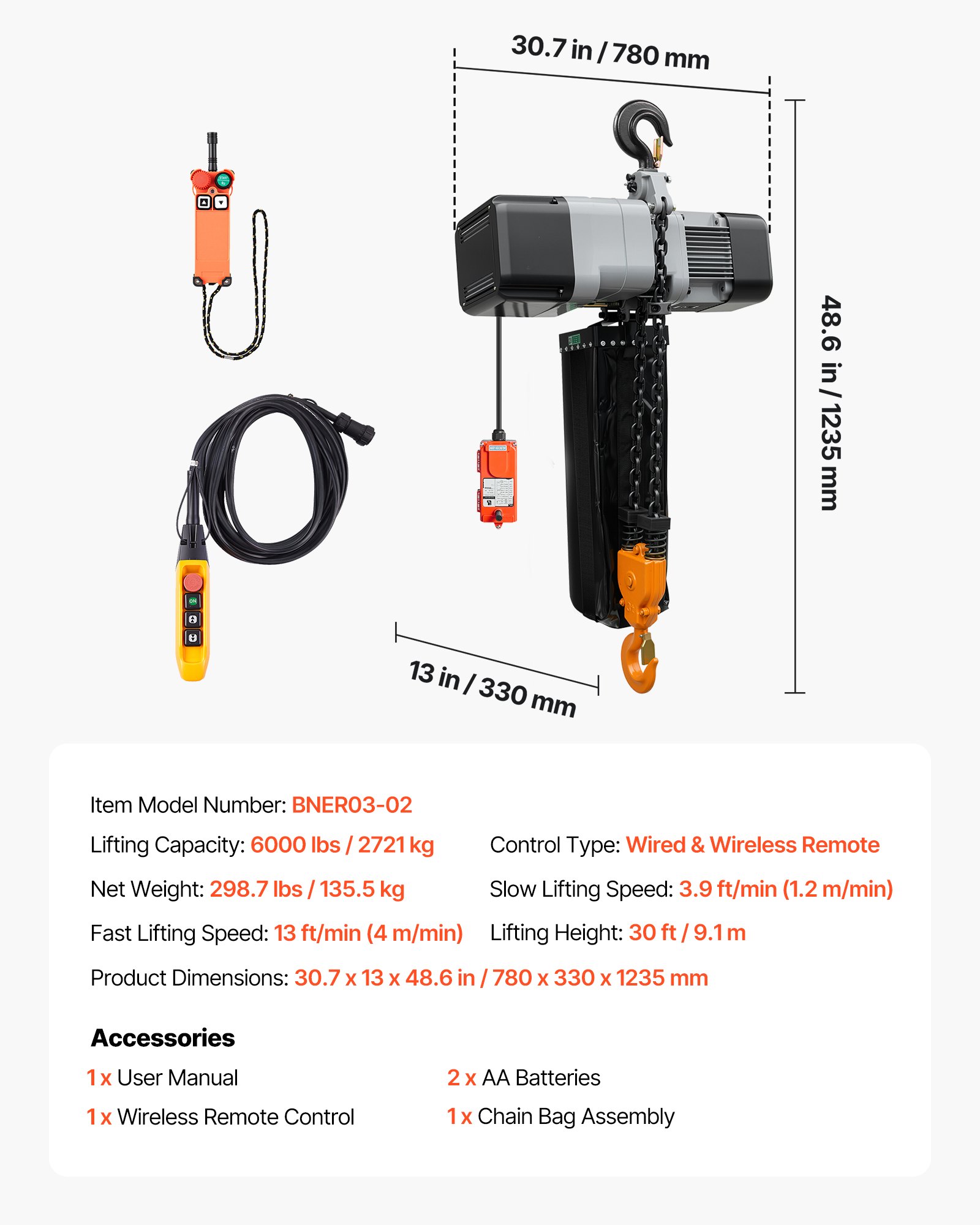 VEVOR 6000 lbs Electric Chain Hoist 30 ft Lift Three-Phase Overhead Crane, Double G100 Chain with 328 ft Wireless & 27 ft Wired Remote Control, 208-240V/440-480V, for Factories, Warehouses, Garages
