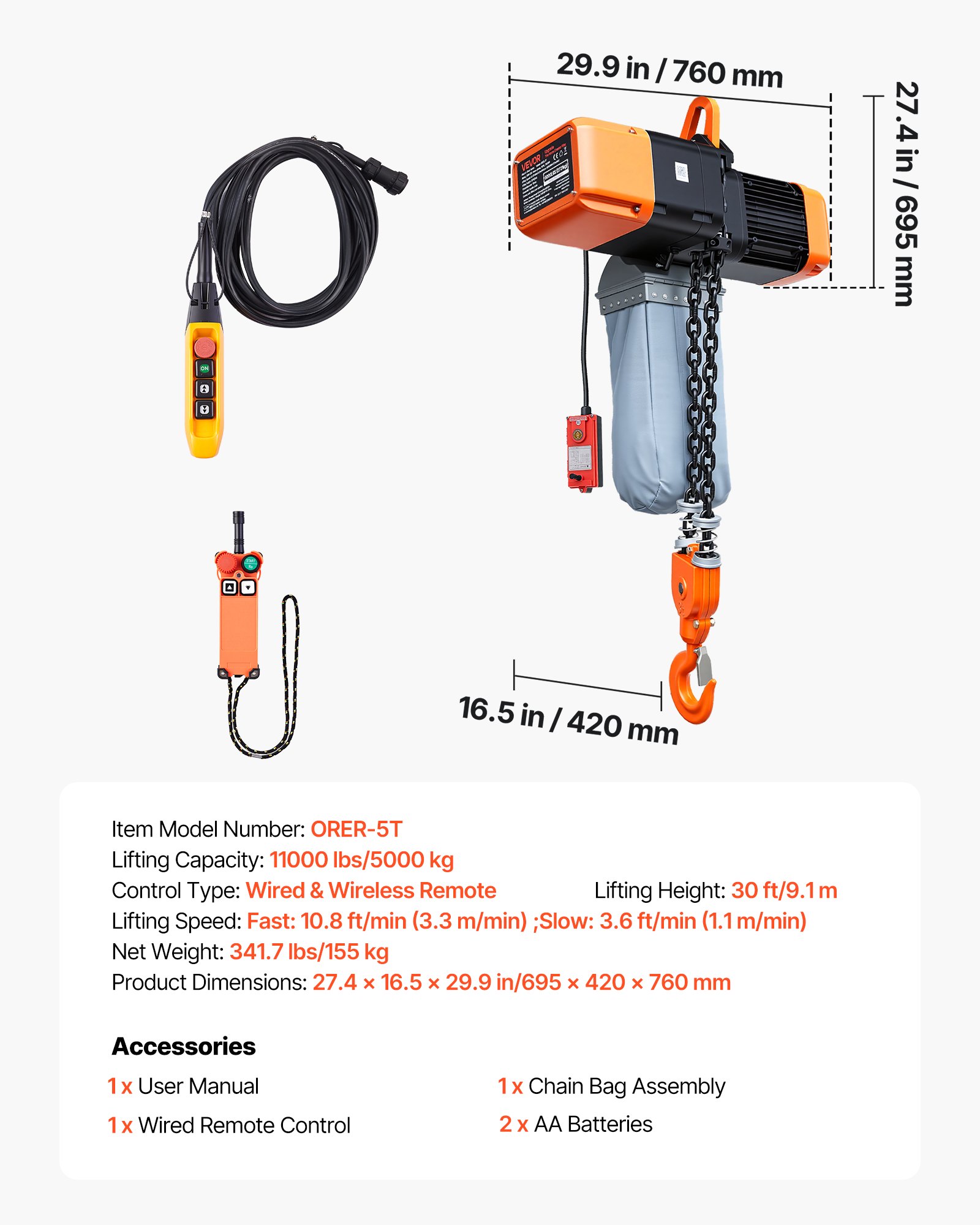 VEVOR 5000 kg Electric Chain Hoist, 9.1 m Lifting Height, Three-Phase Overhead Crane with 100 m Wireless & 8.2 m Wired Remote Control, Double G100 Chain Hoist for Factories, Warehouses, Garages