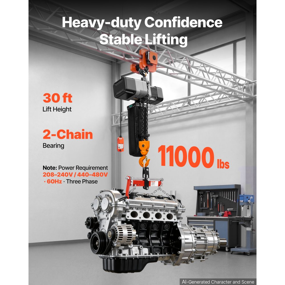 VEVOR 11000 lbs Electric Chain Hoist 30 ft Lift Three-Phase Overhead Crane, Double G100 Chain with 328 ft Wireless & 27 ft Wired Remote Control, 208-240V/440-480V, for Factories, Warehouses, Garages