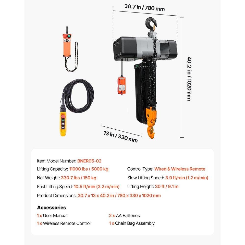 VEVOR 11000 lbs Electric Chain Hoist 30 ft Lift Three-Phase Overhead Crane, Double G100 Chain with 328 ft Wireless & 27 ft Wired Remote Control, 208-240V/440-480V, for Factories, Warehouses, Garages