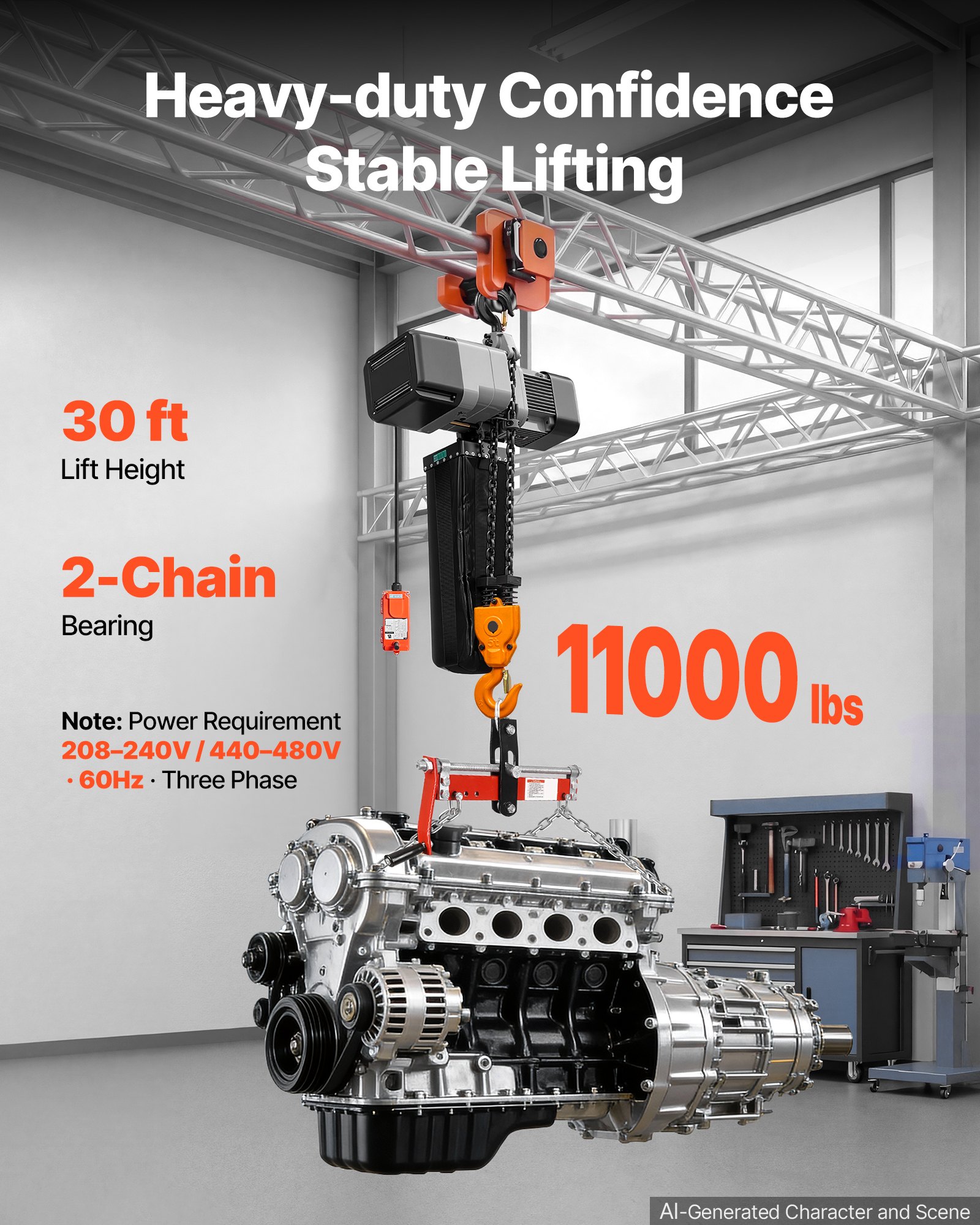 VEVOR 11000 lbs Electric Chain Hoist 30 ft Lift Three-Phase Overhead Crane, Double G100 Chain with 328 ft Wireless & 27 ft Wired Remote Control, 208-240V/440-480V, for Factories, Warehouses, Garages