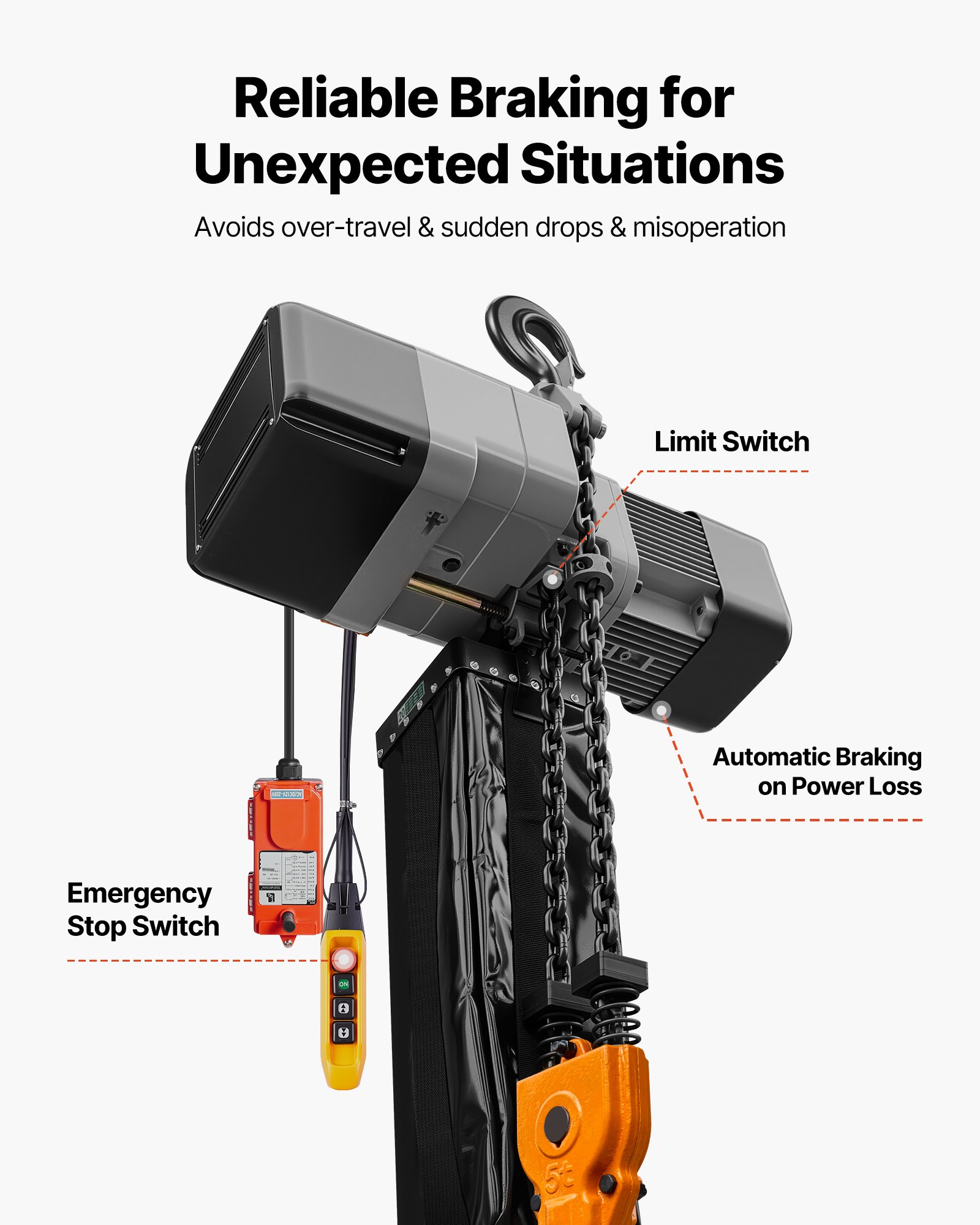 VEVOR 11000 lbs Electric Chain Hoist 30 ft Lift Three-Phase Overhead Crane, Double G100 Chain with 328 ft Wireless & 27 ft Wired Remote Control, 208-240V/440-480V, for Factories, Warehouses, Garages