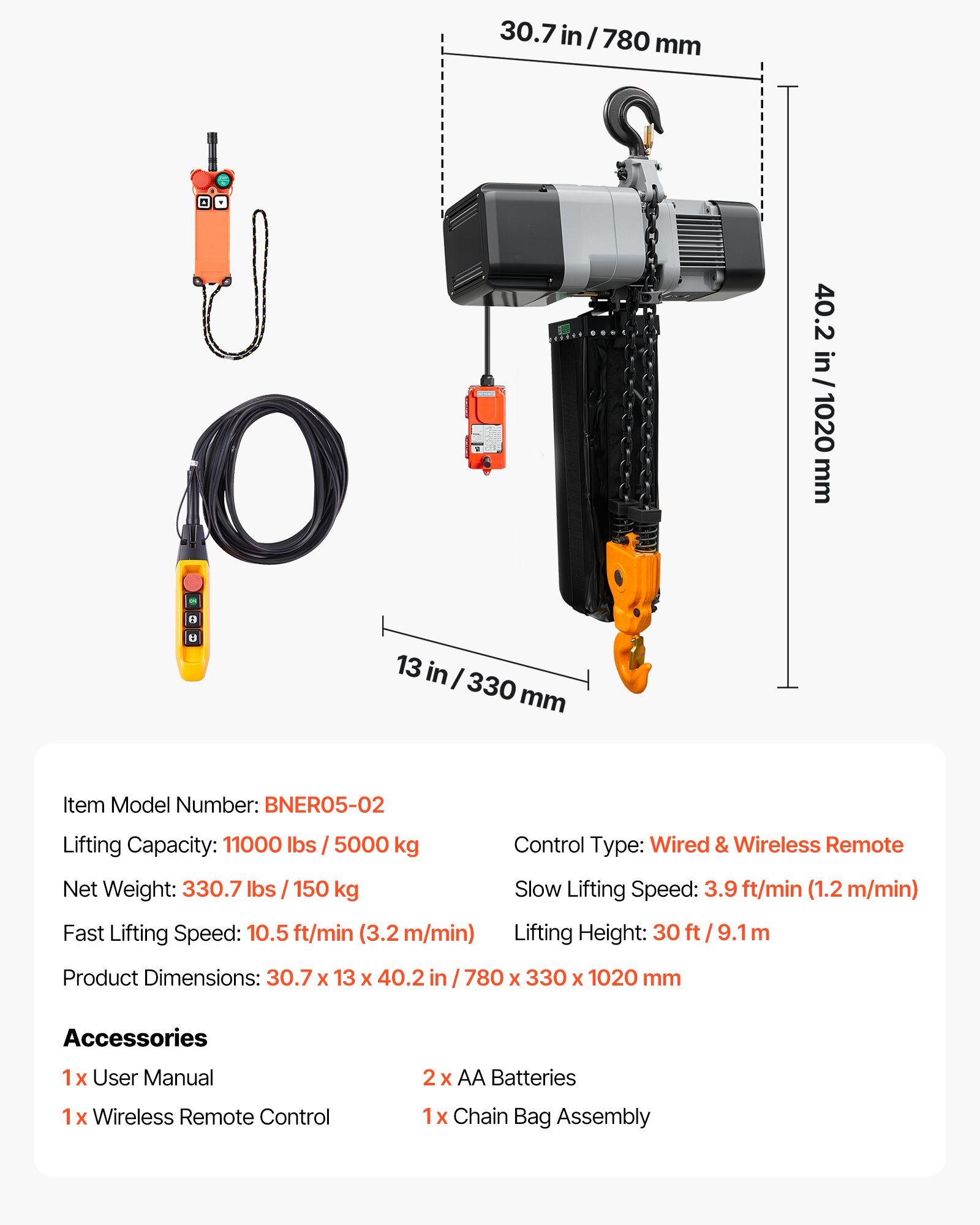 VEVOR 11000 lbs Electric Chain Hoist 30 ft Lift Three-Phase Overhead Crane, Double G100 Chain with 328 ft Wireless & 27 ft Wired Remote Control, 208-240V/440-480V, for Factories, Warehouses, Garages