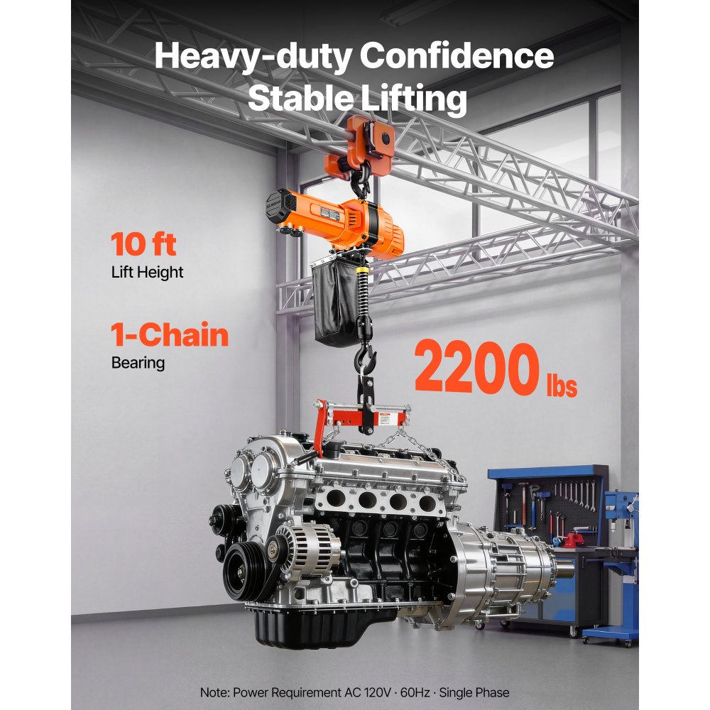 VEVOR 2200 lbs Electric Chain Hoist, 10 ft Lifting Height, 120V Single Phase Overhead Crane with 10 ft Wired Remote Control, G100 Chain Electric Lift Hoist for Factories, Warehouses, Garages