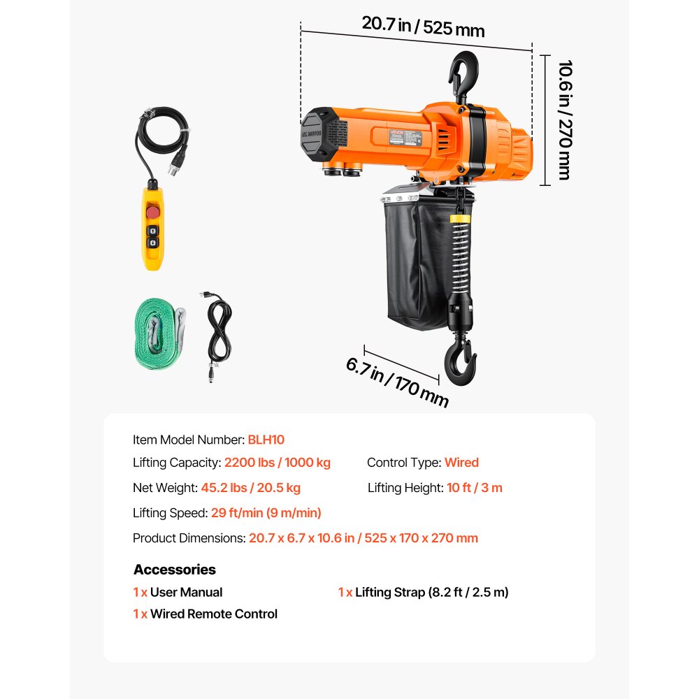 VEVOR 2200 lbs Electric Chain Hoist, 10 ft Lifting Height, 120V Single Phase Overhead Crane with 10 ft Wired Remote Control, G100 Chain Electric Lift Hoist for Factories, Warehouses, Garages
