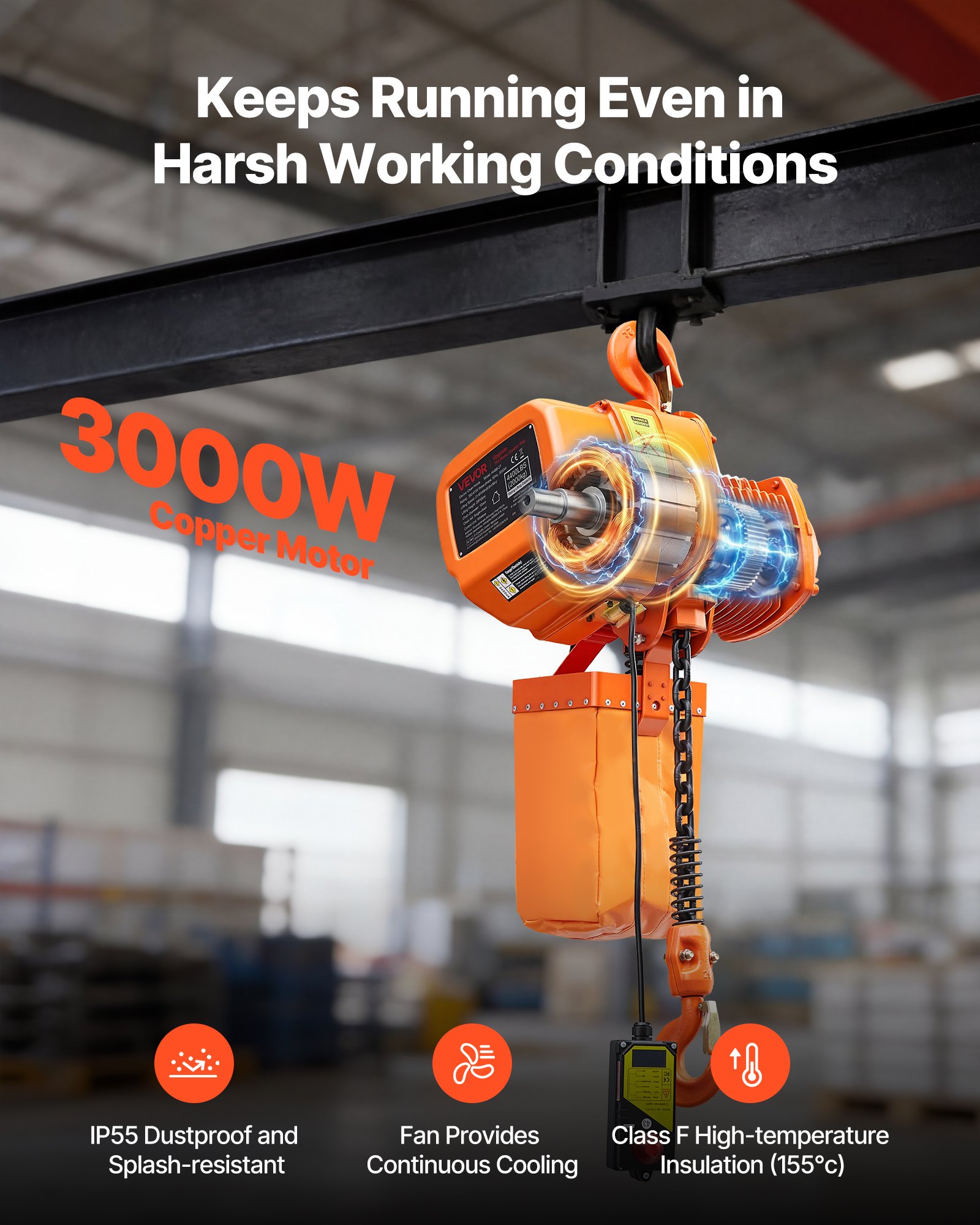 VEVOR 2000 kg Electric Chain Hoist, 6 m Lifting Height, Three-Phase Overhead Crane with 100 m Wireless Remote Control, Single G100 Chain Electric Lift Hoist for Factories, Warehouses, Garages