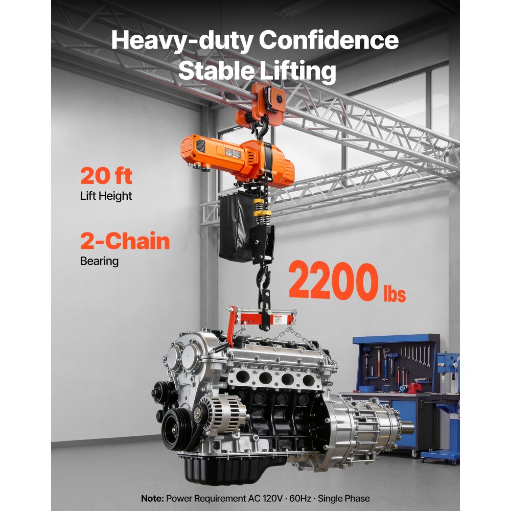 VEVOR 2200 lbs Electric Chain Hoist, 20 ft Lifting Height, 120V Single Phase Overhead Crane with 15 ft Wired Remote Control, G100 Chain Electric Lift Hoist for Factories, Warehouses, Garages