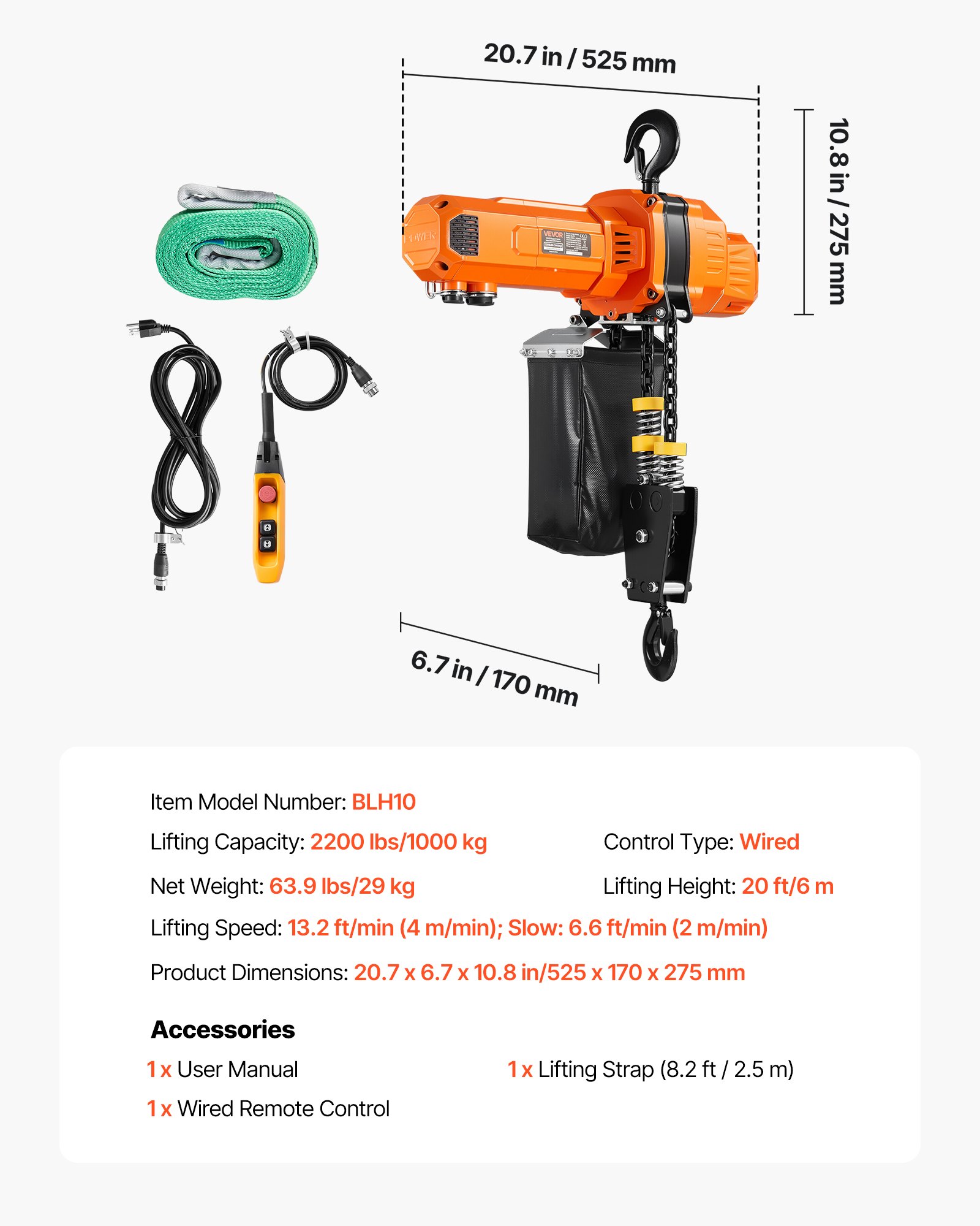 VEVOR 2200 lbs Electric Chain Hoist, 20 ft Lifting Height, 120V Single Phase Overhead Crane with 15 ft Wired Remote Control, G100 Chain Electric Lift Hoist for Factories, Warehouses, Garages