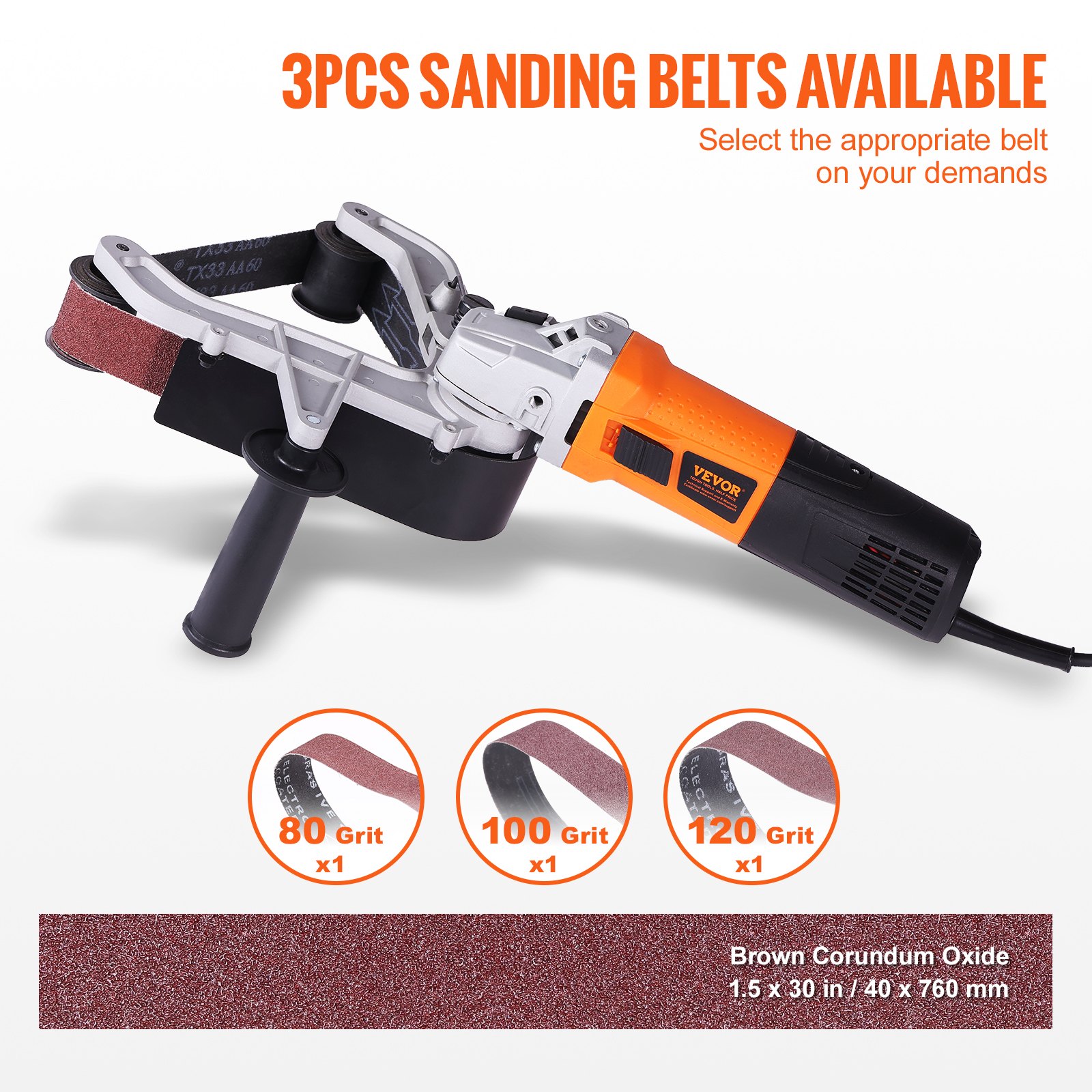 VEVOR Pipe Tube Polisher Sander, 1000W Pipe Belt Sander with 6 Variable Speeds 1100-3200rpm, Professional Belt Sander Grinding Machine with 3PCS Sanding Belts for Burnishing Finishing Rust Removal
