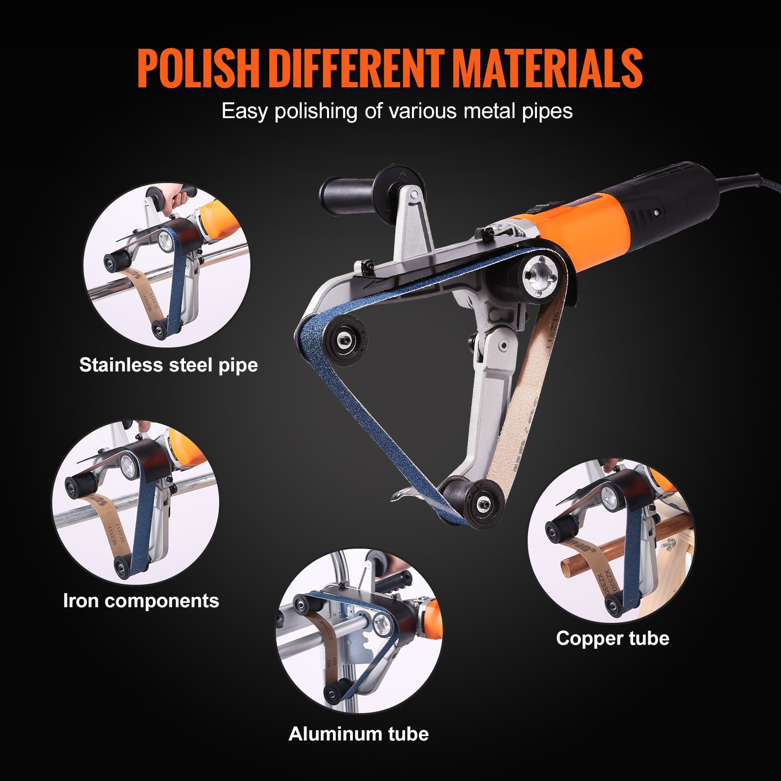 VEVOR Pipe Tube Polisher Sander, 1300W Pipe Belt Sander with 6 Variable Speeds 1100-3200rpm, Professional Belt Sander Grinding Machine with 50PCS Sanding Belts for Burnishing Finishing Rust Removal
