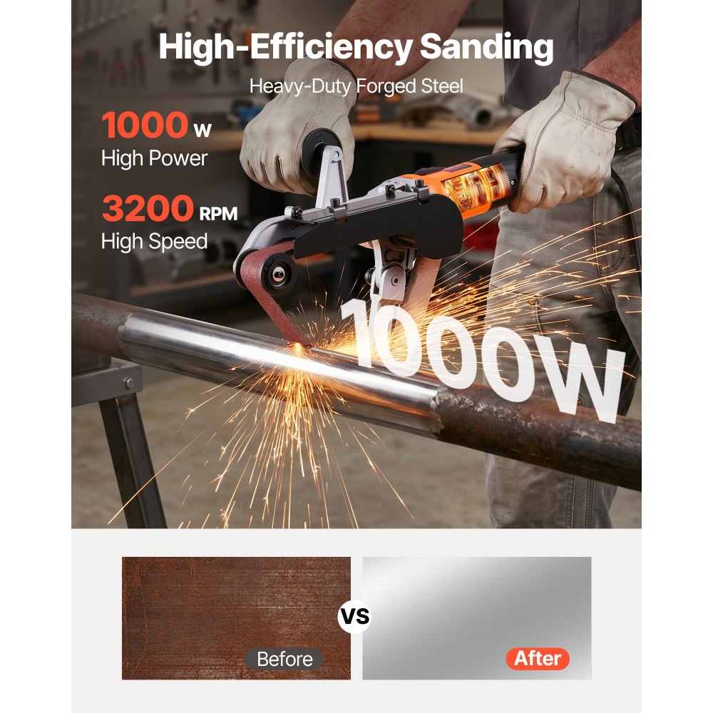 VEVOR Pipe Tube Polisher Sander, 1000W Pipe Belt Sander with 6 Variable Speeds 1100-3200rpm, Professional Belt Sander Grinding Machine with 100PCS Sanding Belts for Burnishing Finishing Rust Removal