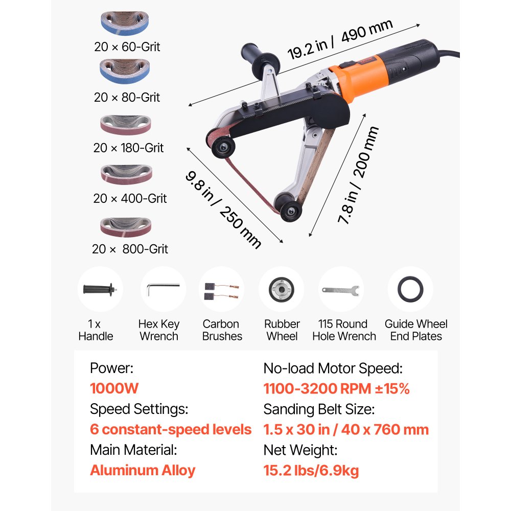 VEVOR Pipe Tube Polisher Sander, 1000W Pipe Belt Sander with 6 Variable Speeds 1100-3200rpm, Professional Belt Sander Grinding Machine with 100PCS Sanding Belts for Burnishing Finishing Rust Removal