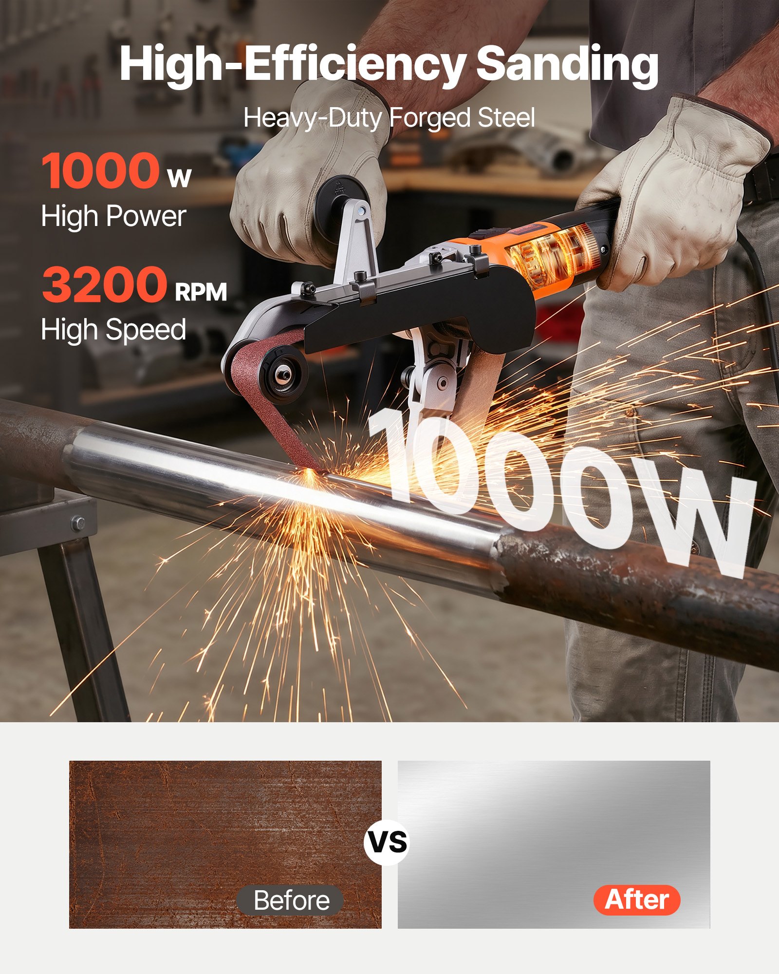 VEVOR Pipe Tube Polisher Sander, 1000W Pipe Belt Sander with 6 Variable Speeds 1100-3200rpm, Professional Belt Sander Grinding Machine with 100PCS Sanding Belts for Burnishing Finishing Rust Removal