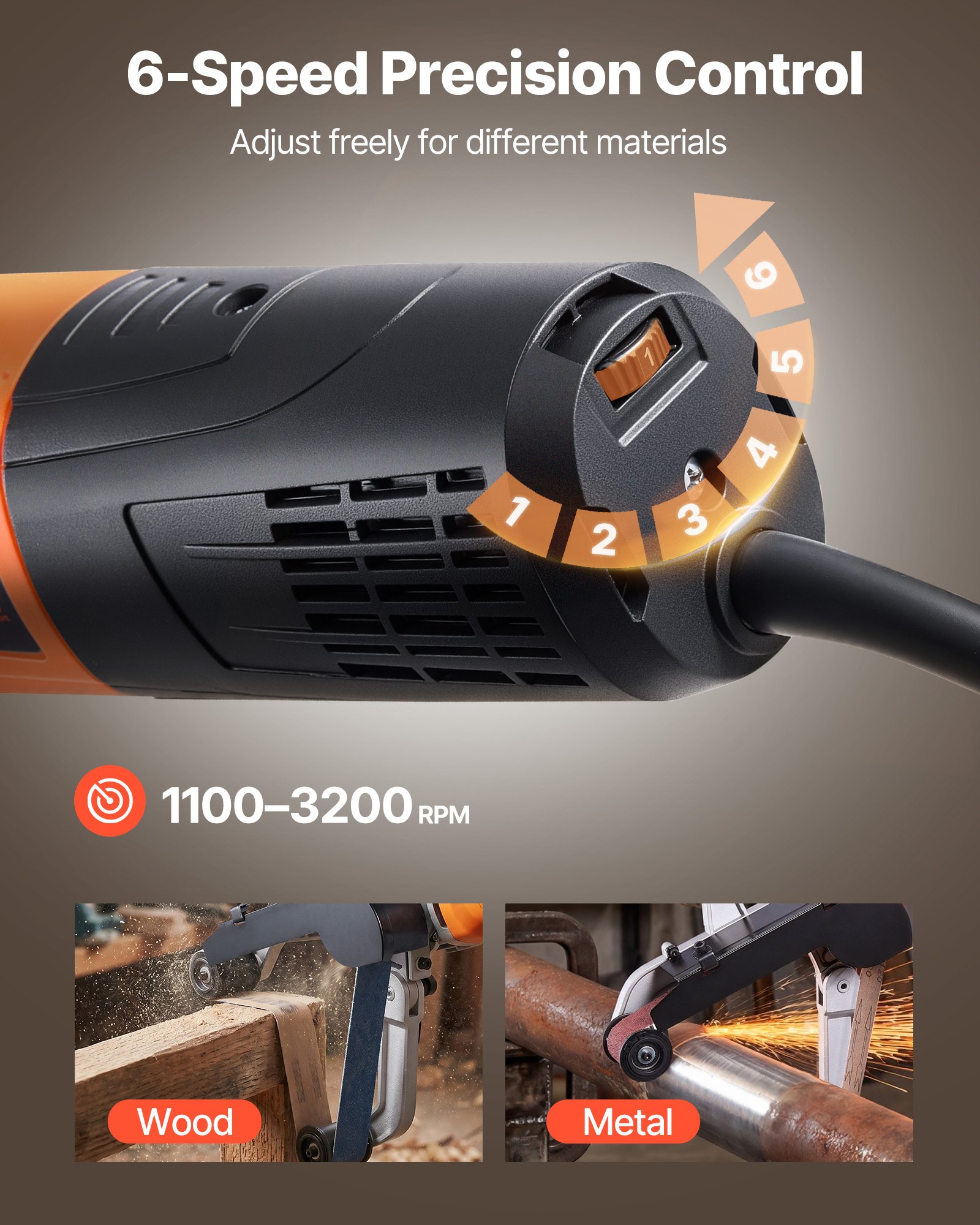 VEVOR Pipe Tube Polisher Sander, 1000W Pipe Belt Sander with 6 Variable Speeds 1100-3200rpm, Professional Belt Sander Grinding Machine with 100PCS Sanding Belts for Burnishing Finishing Rust Removal