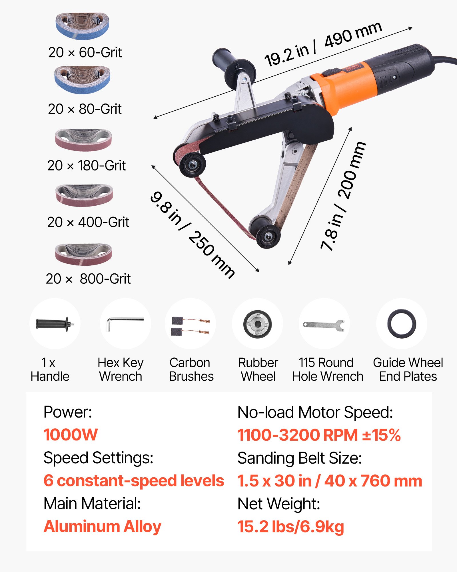 VEVOR Pipe Tube Polisher Sander, 1000W Pipe Belt Sander with 6 Variable Speeds 1100-3200rpm, Professional Belt Sander Grinding Machine with 100PCS Sanding Belts for Burnishing Finishing Rust Removal