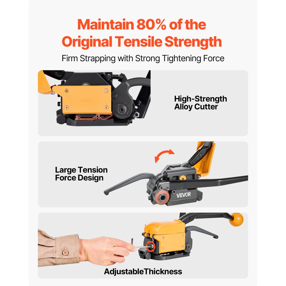 VEVOR Banding Strapping Kit, Heavy Duty A3 Steel Banding Sealer Tool with Adjustable Width, Manual Metal Pallet Packaging Strapping Kit for Warehouse, Transportation, Industrial Bundling, Home Use