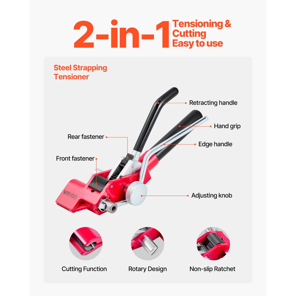 VEVOR Steel Banding Strapping Kit, Heavy Duty Banding Sealer Tool with 30.5 m Binding Straps, 100 Metal Clasps, Manual Pallet Packaging Strapping Kit for Warehouse, Transportation, Industrial Bundling