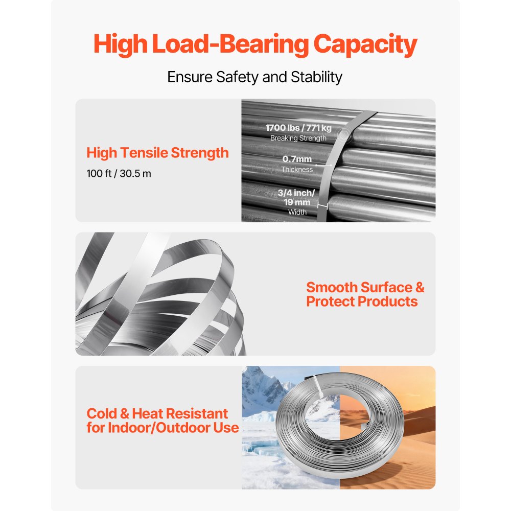 VEVOR Steel Banding Strapping Kit, Heavy Duty Banding Sealer Tool with 30.5 m Binding Straps, 100 Metal Clasps, Manual Pallet Packaging Strapping Kit for Warehouse, Transportation, Industrial Bundling