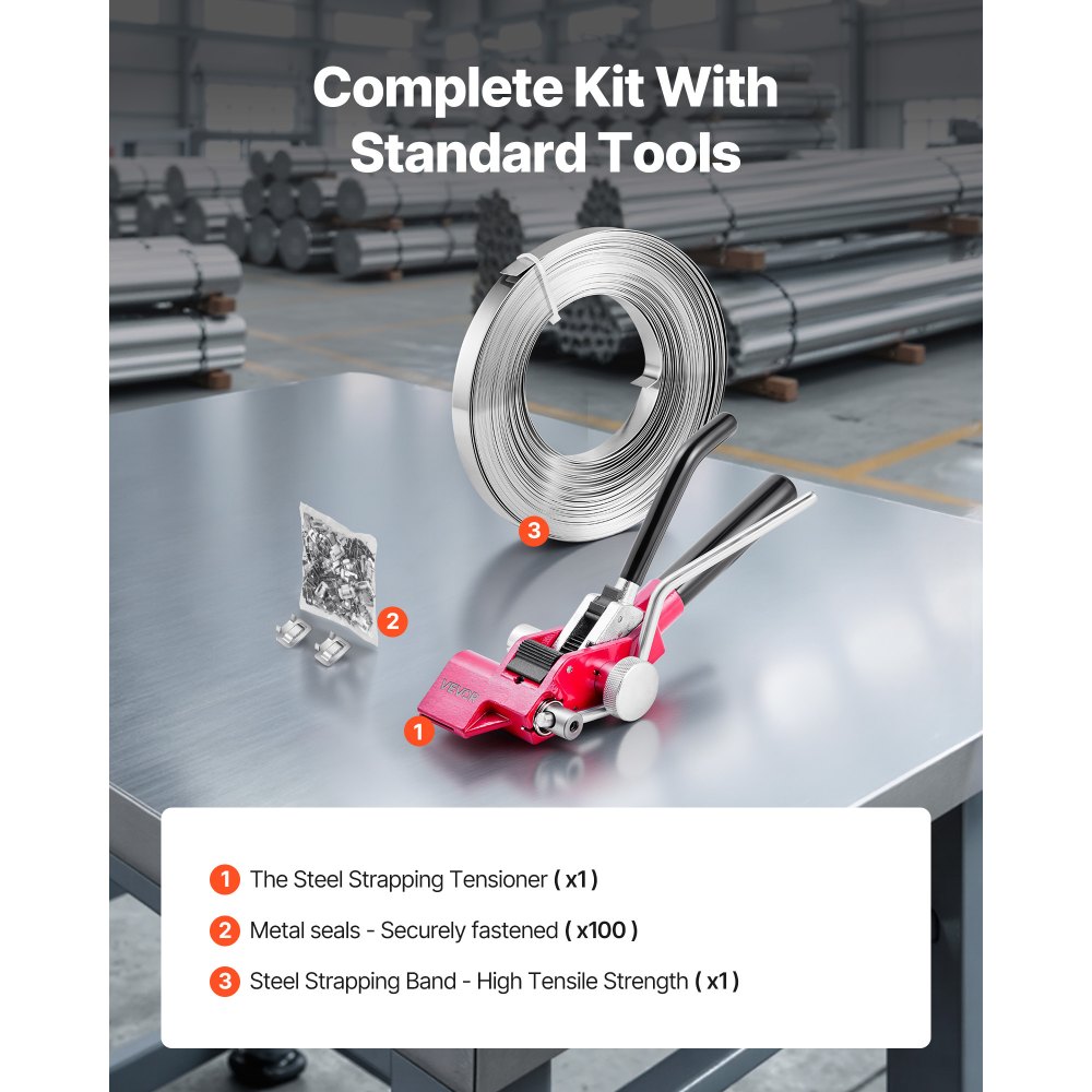 VEVOR Steel Banding Strapping Kit, Heavy Duty Banding Sealer Tool with 30.5 m Binding Straps, 100 Metal Clasps, Manual Pallet Packaging Strapping Kit for Warehouse, Transportation, Industrial Bundling