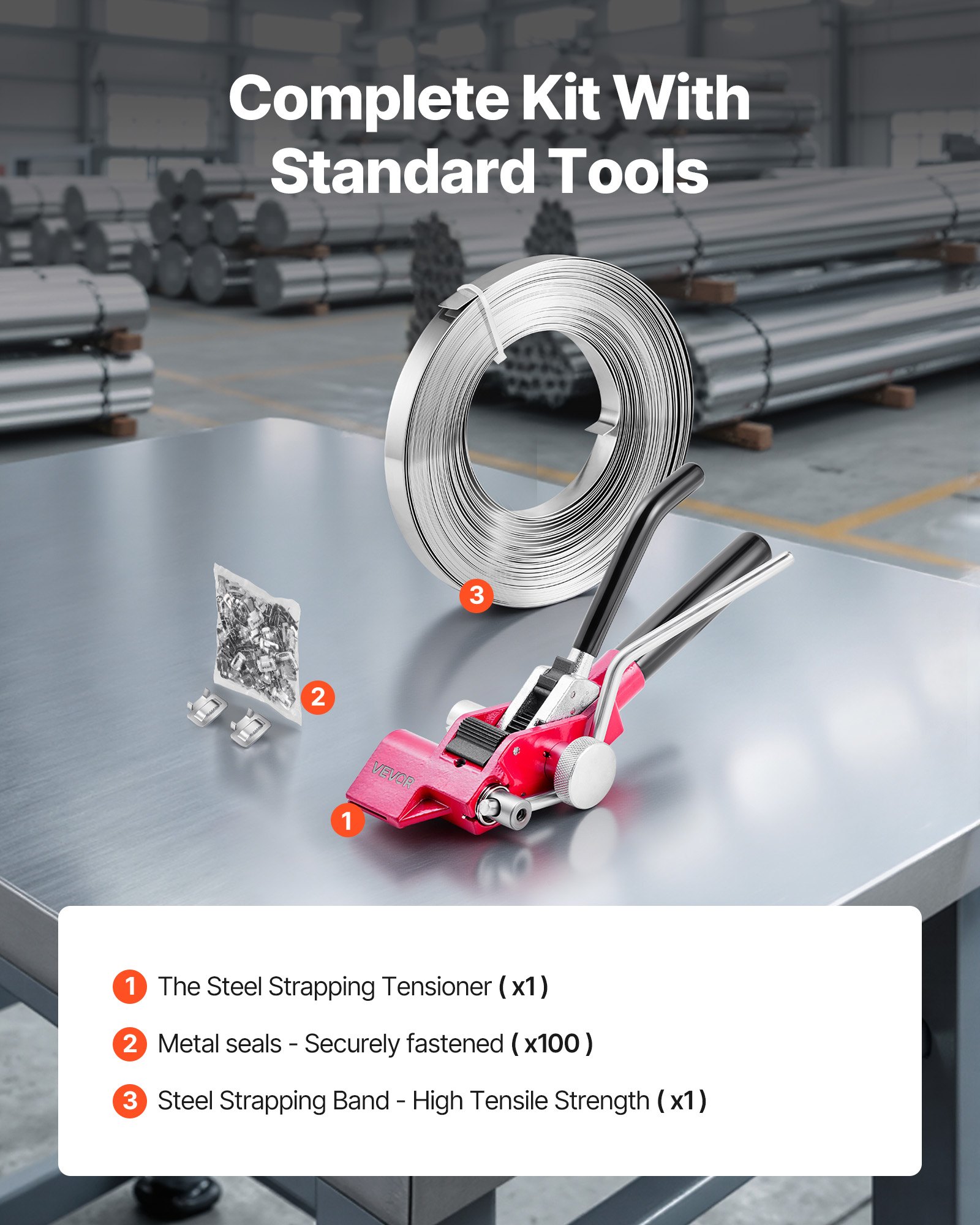 VEVOR Steel Banding Strapping Kit, Heavy Duty Banding Sealer Tool with 30.5 m Binding Straps, 100 Metal Clasps, Manual Pallet Packaging Strapping Kit for Warehouse, Transportation, Industrial Bundling