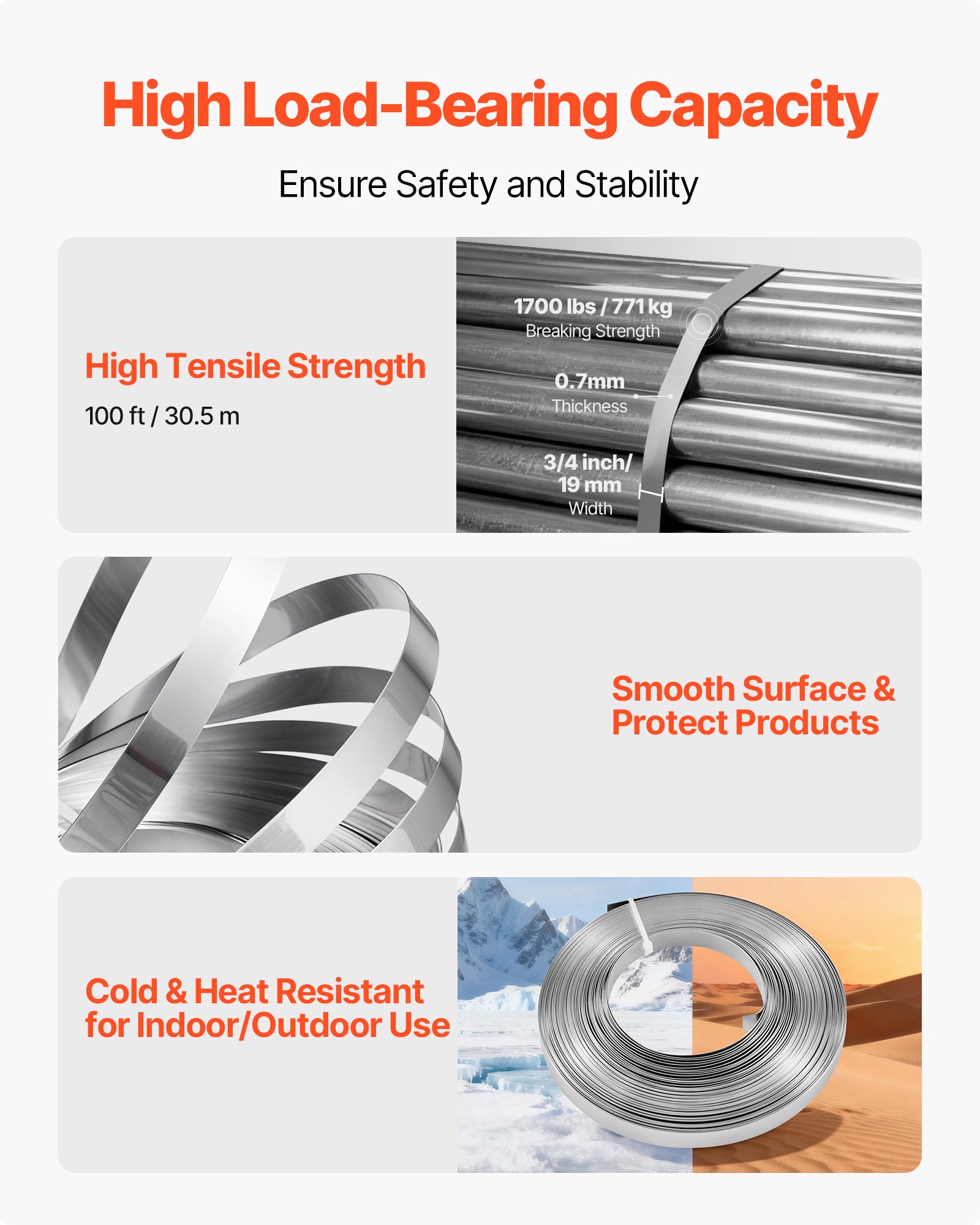 VEVOR Steel Banding Strapping Kit, Heavy Duty Banding Sealer Tool with 30.5 m Binding Straps, 100 Metal Clasps, Manual Pallet Packaging Strapping Kit for Warehouse, Transportation, Industrial Bundling