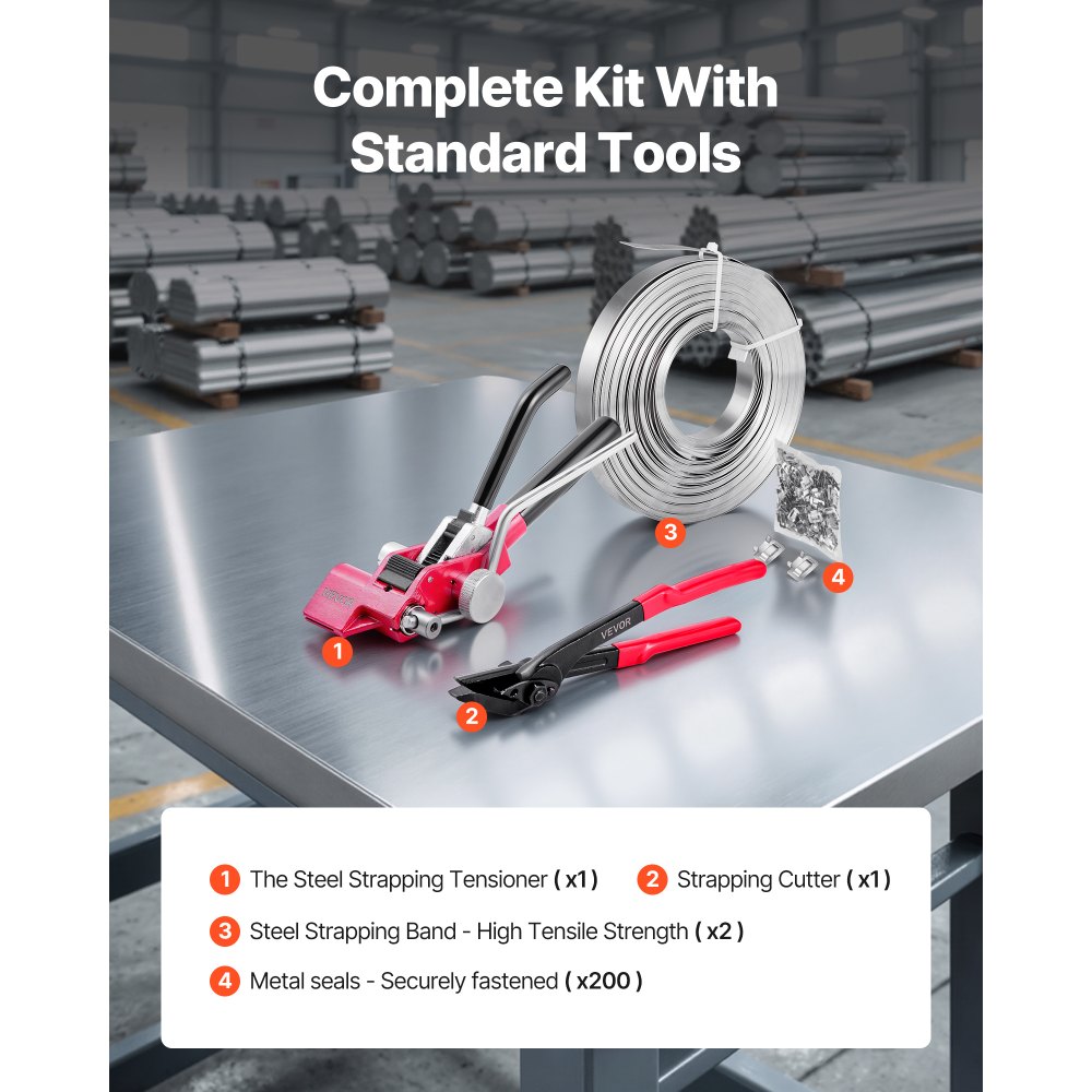 VEVOR Steel Banding Strapping Kit, Heavy Duty Banding Sealer Tool with 60 m Binding Straps, 200 Metal Clasps, Manual Pallet Packaging Strapping Kit for Warehouse, Transportation, Industrial Bundling