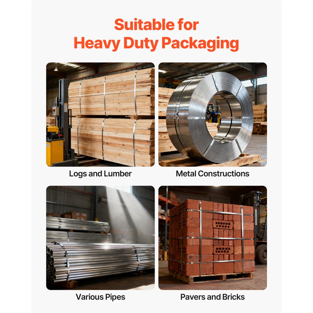 VEVOR Steel Banding Strapping Kit, Heavy Duty Banding Sealer Tool with 60 m Binding Straps, 200 Metal Clasps, Manual Pallet Packaging Strapping Kit for Warehouse, Transportation, Industrial Bundling