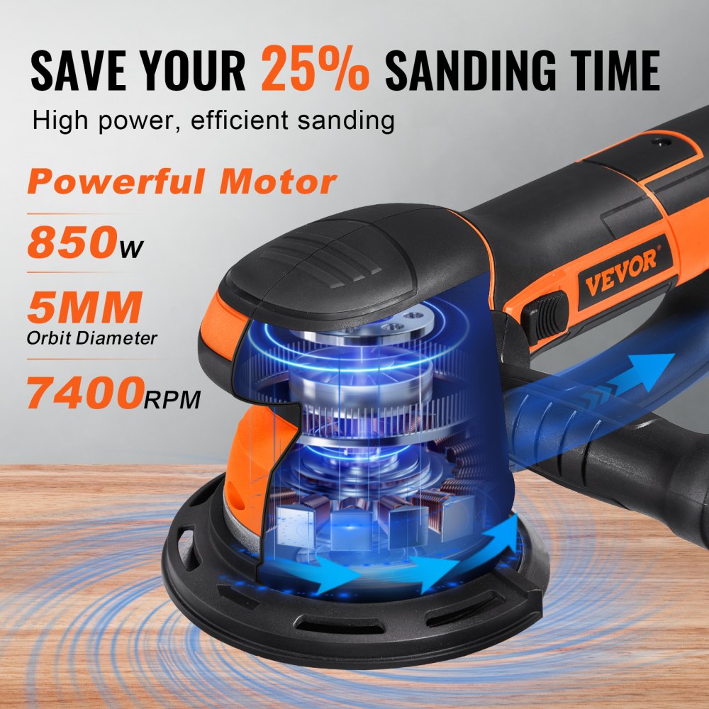 VEVOR Random Orbital Sander, 6-Inch DA & GA Dual Action Orbital Sander, 850W 7400PRM 6 Variable Speed Electric Palm Sander with 10PCS Sandpapers, Dust Connector for Woodworking Detailing Sanding