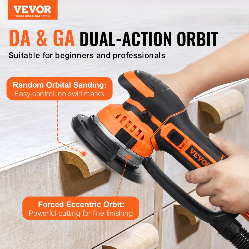 VEVOR Random Orbital Sander, 6-Inch DA & GA Dual Action Orbital Sander, 850W 7400PRM 6 Variable Speed Electric Palm Sander with 10PCS Sandpapers, Dust Connector for Woodworking Detailing Sanding