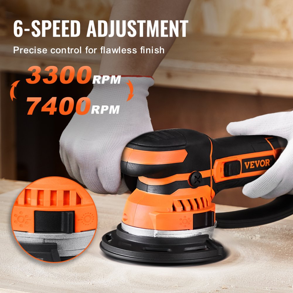 VEVOR Random Orbital Sander, 6-Inch DA & GA Dual Action Orbital Sander, 850W 7400PRM 6 Variable Speed Electric Palm Sander with 10PCS Sandpapers, Dust Connector for Woodworking Detailing Sanding