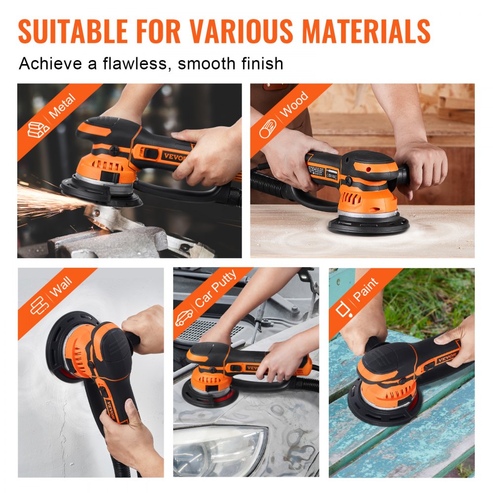 VEVOR Random Orbital Sander, 6-Inch DA & GA Dual Action Orbital Sander, 850W 7400PRM 6 Variable Speed Electric Palm Sander with 10PCS Sandpapers, Dust Connector for Woodworking Detailing Sanding