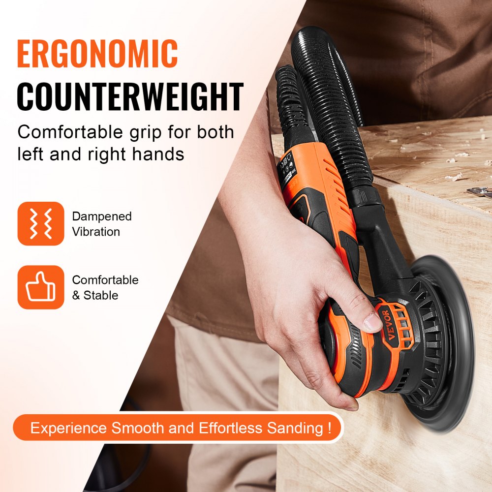 VEVOR Random Orbital Sander 6-Inch, 350W Brushless Orbital Sander, 10,000 PRM 6 Variable Speed Electric Palm Sander with 10PCS Sandpapers, Dust Connector & Hose for Woodworking Detailing Sanding