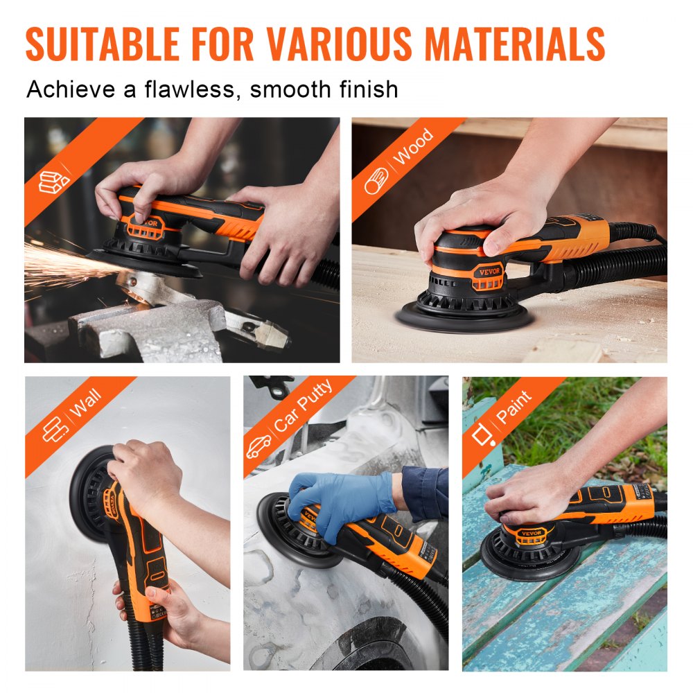 VEVOR Random Orbital Sander 6-Inch, 350W Brushless Orbital Sander, 10,000 PRM 6 Variable Speed Electric Palm Sander with 10PCS Sandpapers, Dust Connector & Hose for Woodworking Detailing Sanding