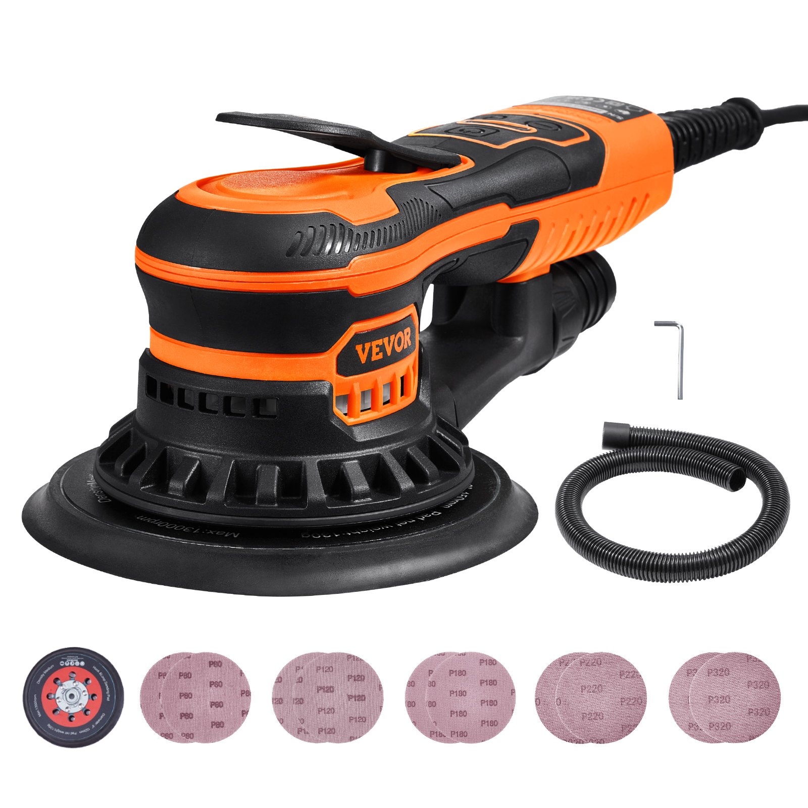 VEVOR Random Orbital Sander 6-Inch, 350W Brushless Orbital Sander, 10,000 PRM 6 Variable Speed Electric Palm Sander with 10PCS Sandpapers, Dust Connector & Hose for Woodworking Detailing Sanding