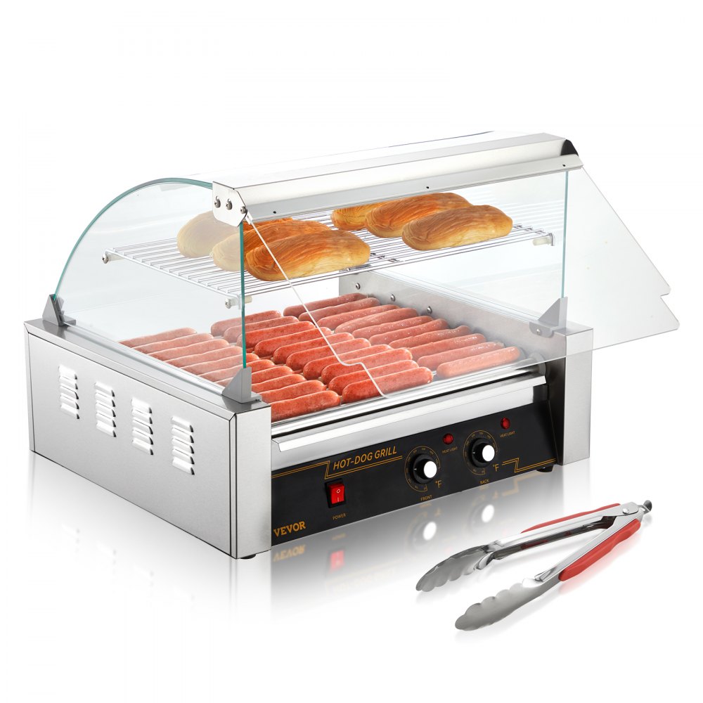 VEVOR hot dog roller with hot dogs on lower grill and buns on upper rack, accompanied by tongs.