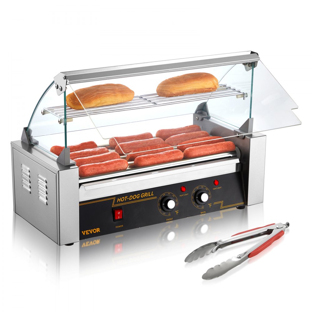 VEVOR Hot Dog Roller 5 rouleaux, capacité de 12 hot dogs, 750 W, en acier inoxydable, avec double contrôle de la température, capot en verre, couvercle en acrylique, étagère chauffante pour chignon, bac d'égouttement d'huile amovible, certifié ETL