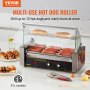 VEVOR hot dog roller grilling sausages with buns warming above, surrounded by condiments and etl certified.