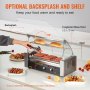 VEVOR hot dog roller with glass hood, shelf, and optional backsplash, cooking hot dogs and buns.