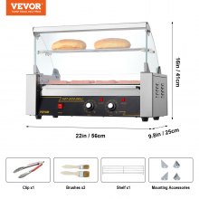 VEVOR Hot Dog Roller 5 Rollers 12 Hot Dogs Capacity, 750W Stainless Sausage Grill Cooker Machine with Dual Temp Control Glass Hood Acrylic Cover Bun Warmer Shelf Removable Oil Drip Tray ETL Certified