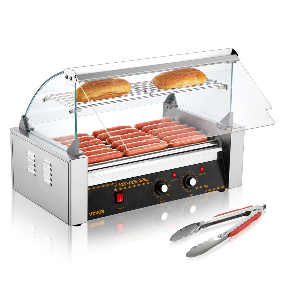 VEVOR hot dog roller with stainless steel design, cooking hot dogs and buns, includes tongs