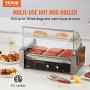 VEVOR hot dog roller grilling hot dogs and buns on a countertop with food and utensils nearby.