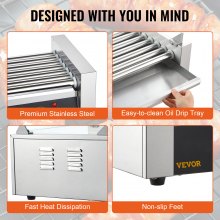 VEVOR Hot Dog Roller 7 Rollers 18 Hot Dogs Capacity, 1050W Stainless Sausage Grill Cooker Machine with Dual Temp Control Glass Hood Acrylic Cover Bun Warmer Shelf Removable Oil Drip Tray ETL Certified