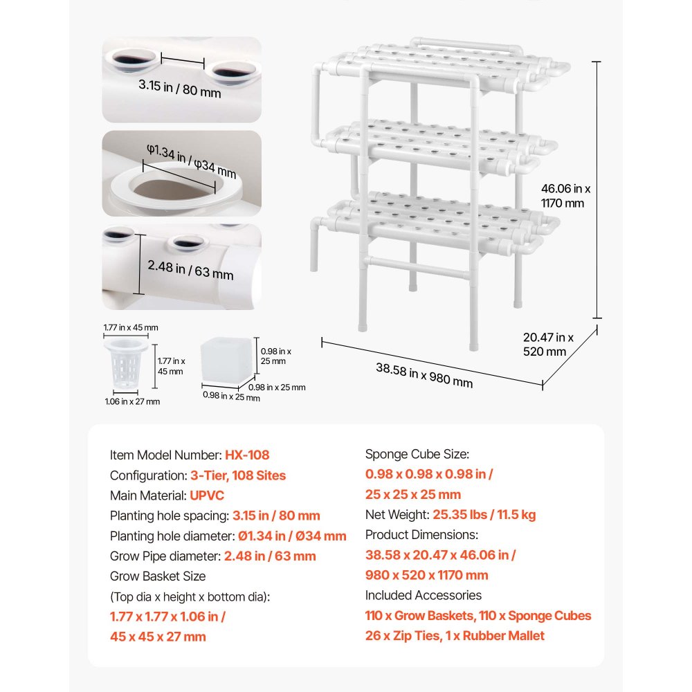 VEVOR Hydroponics Growing System Kit, 3-Tier 108 Sites UPVC Pipe Hydroponic Grow Kit with Timed Irrigation, Thickened Hydroponic Pipes, Indoor Home Garden Vegetable Planting Grow Kits for Fruit Herb