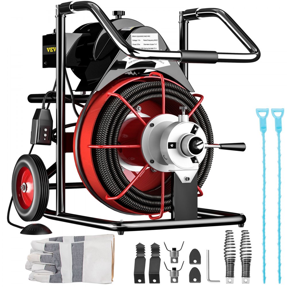 VEVOR 100FT x 3/8Inch Drain Cleaner Machine Auto Feed fit 1"(25mm) to 4"(100mm) Pipes 370W Open Drain Cleaning Machine Portable Electric Drain Auger with Cutters Glove Sewer Snake