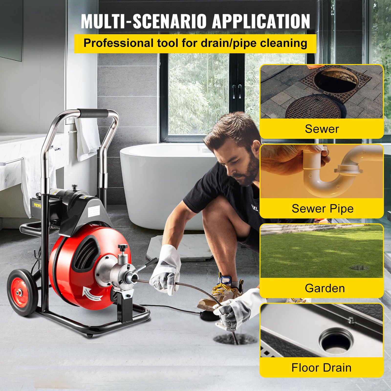 100' x 3/8" Drain Cleaner 370W Drain Cleaning Machine W/Cutter